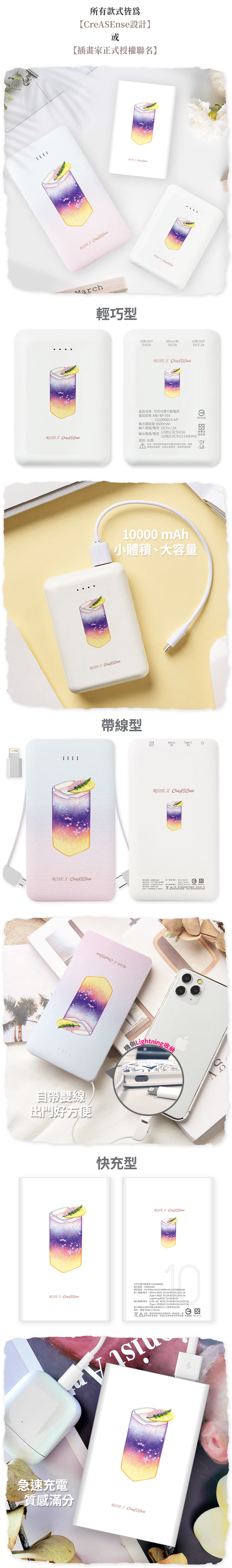 聯名 Rose療癒美食插畫 星空漸層氣泡飲 行動電源